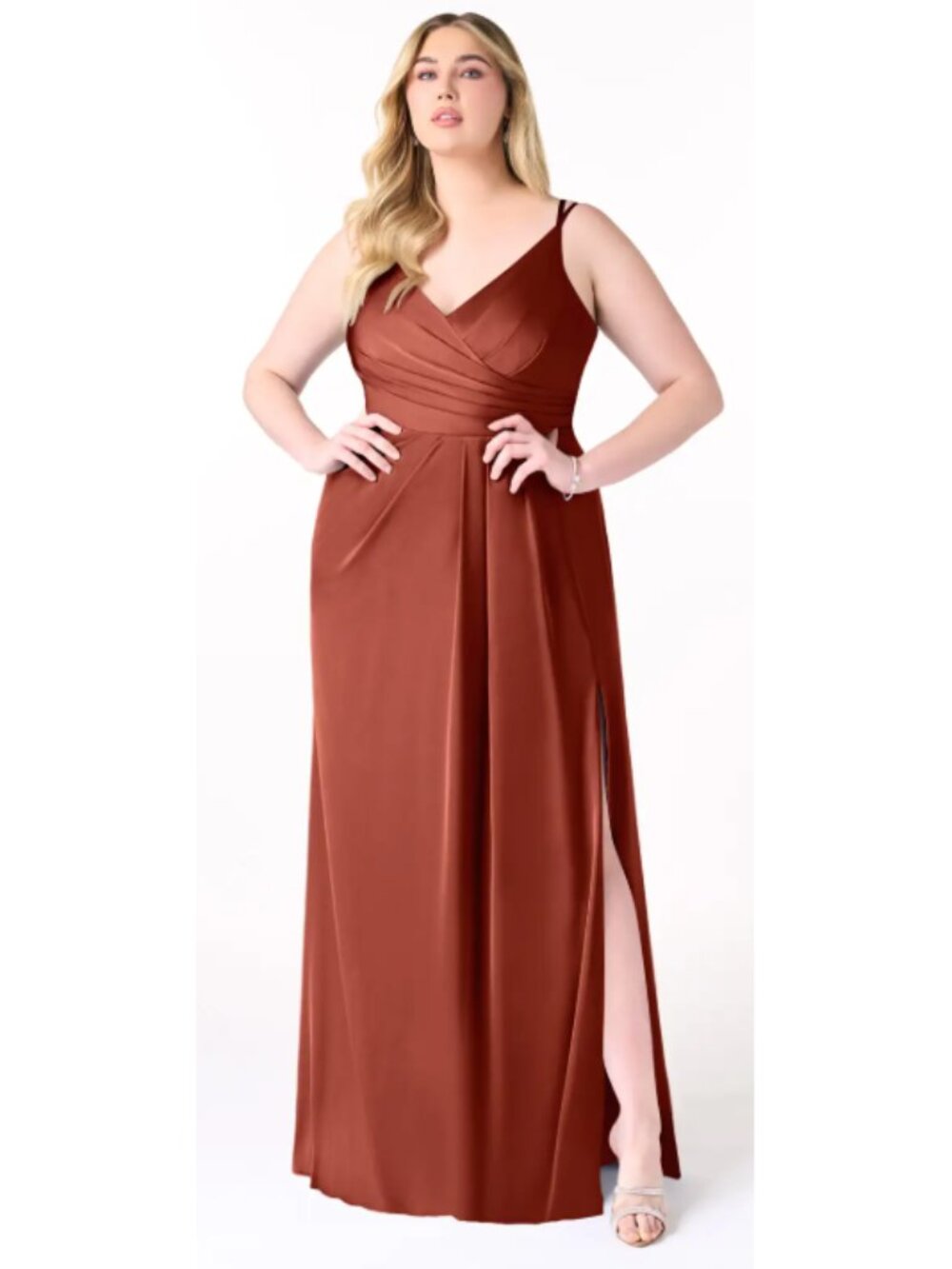 Azazie Terracotta Stretch Satin Formal Dress A22 Plus Size Slit V-Neck BNWT Prom